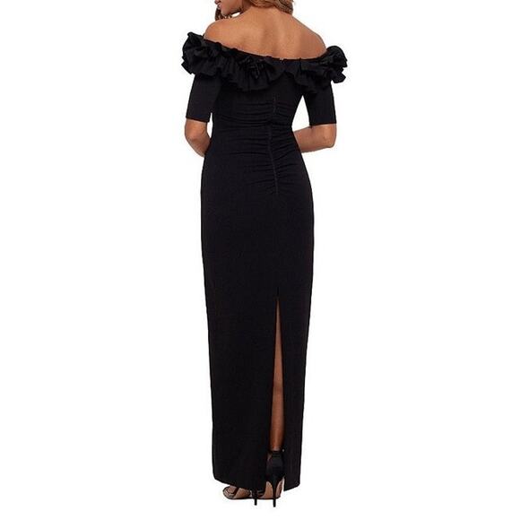 XSCAPE Women's Ruffled Off-the-Shoulder Short Sleeve Crepe Sheath Gown 12 NWT - Picture 2 of 14